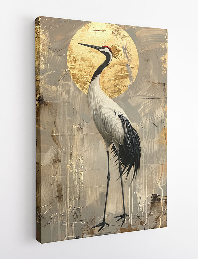 Golden Sun Crane – Elegant Japanese Bird Canvas Art & Poster Print – T1177 – AiPrintLab
