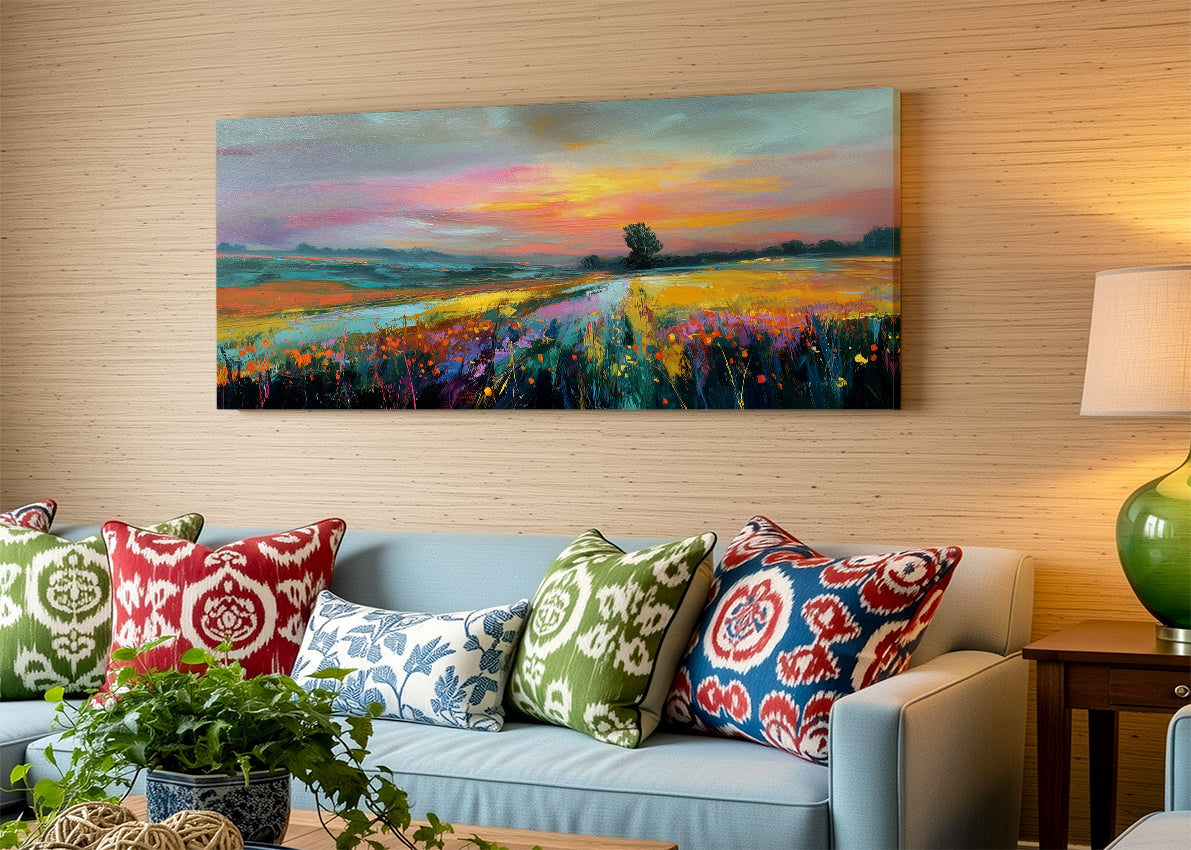 Golden Sunset Meadow Landscape Canvas Wall Art – Single & 3 Panel Split – AI PRINT LAB