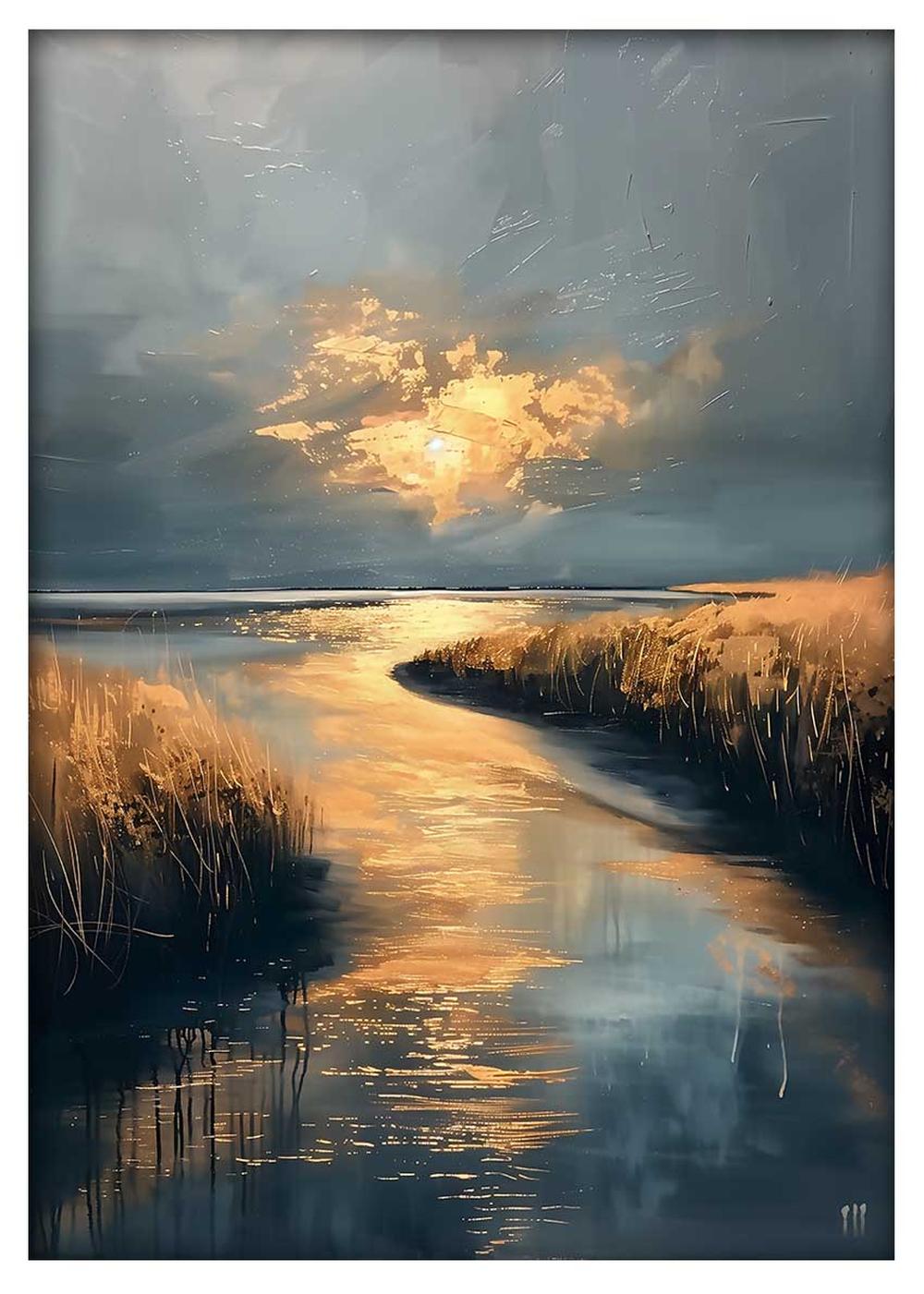 Golden Sunset River Landscape Canvas Art & Poster – T764 – AiPrintLab