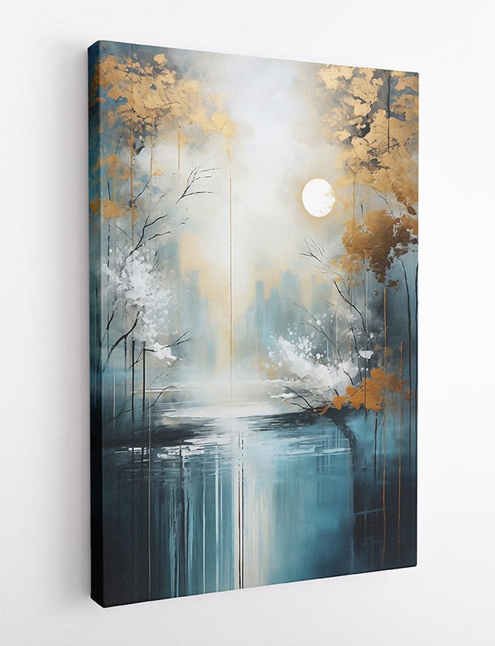 Golden Trees and Moonlit Lake Abstract Canvas Art & Poster – T736 – AiPrintLab