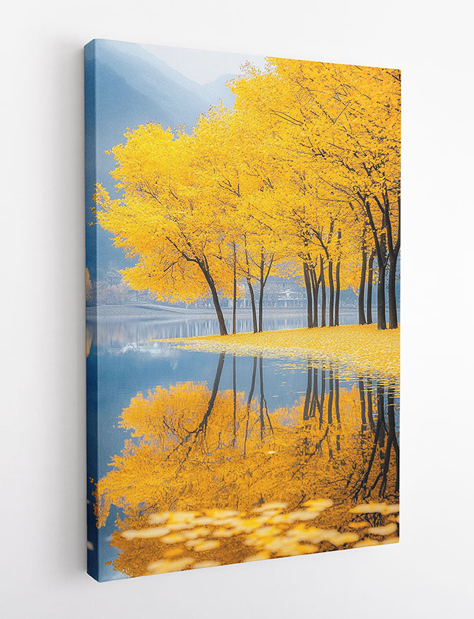 Golden Trees by the Water – Autumn Reflection Landscape Canvas & Poster – T1416 –