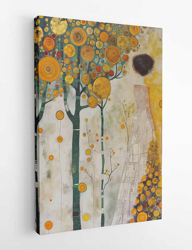Golden Whimsy Girl in Forest – Fantasy Woman Canvas Art & Poster Print – T1101 – AiPrintLab
