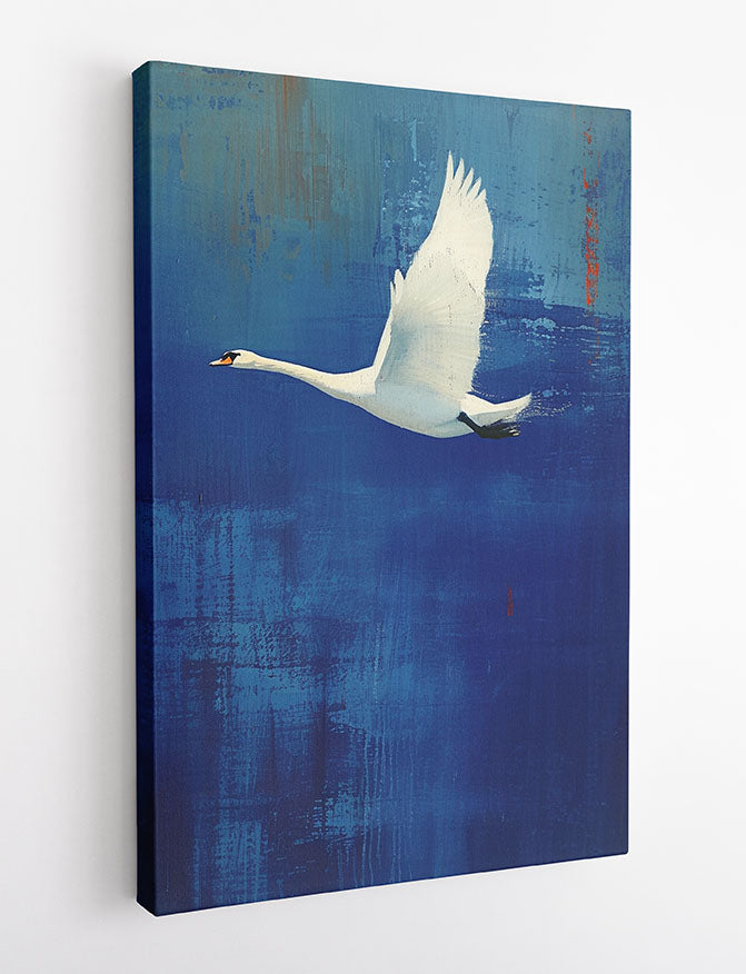 Graceful Swan in Flight – Minimalist Blue Canvas Wall Art – T956 – AiPrintLab