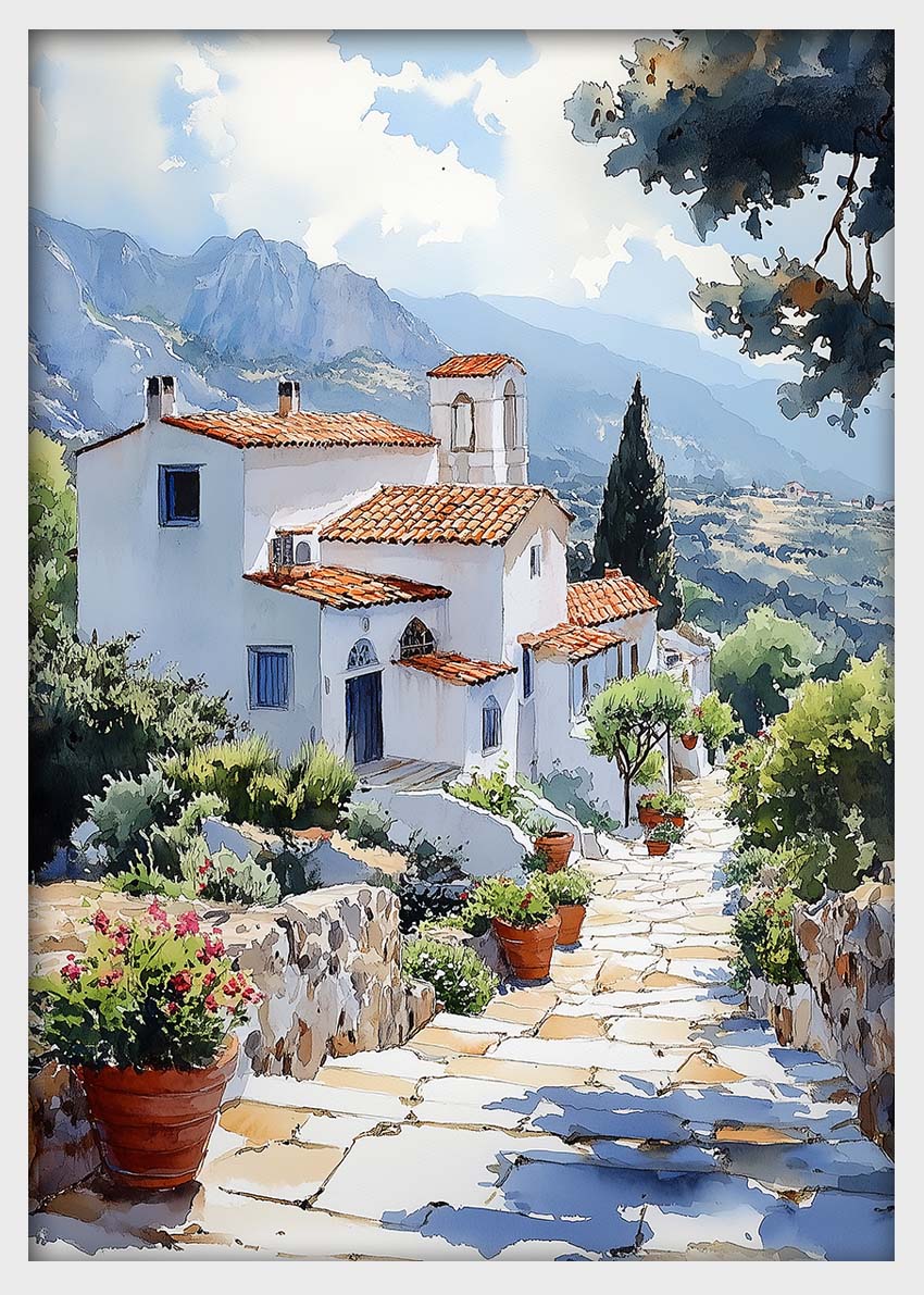 Greek Village Pathway – Mediterranean Watercolor Landscape Canvas & Poster – T1423 –