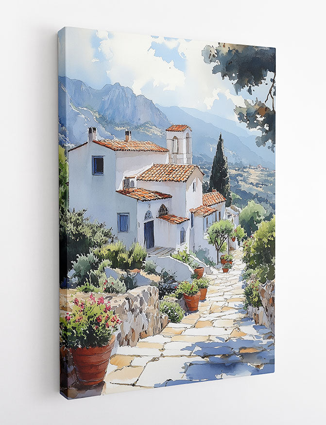 Greek Village Pathway – Mediterranean Watercolor Landscape Canvas & Poster – T1423 –