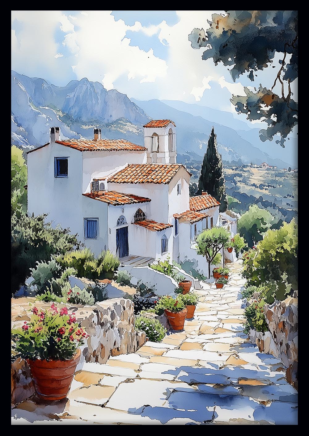 Greek Village Pathway – Mediterranean Watercolor Landscape Canvas & Poster – T1423 –