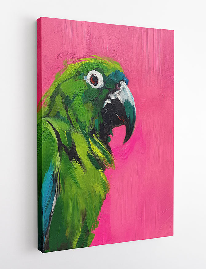 Green Parrot on Bright Pink – Bold Tropical Bird Canvas & Poster Wall Art – T1290 – AiPrintLab