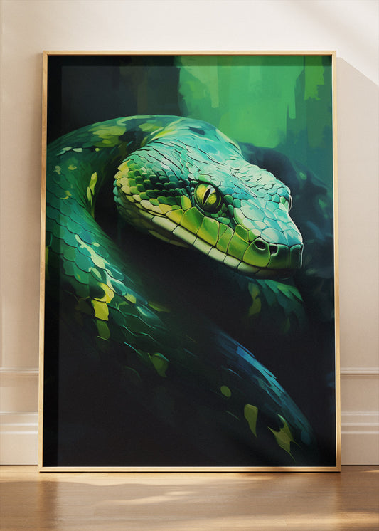 Green Snake Wall Art Print & Canvas – Dark Modern Reptile Artwork