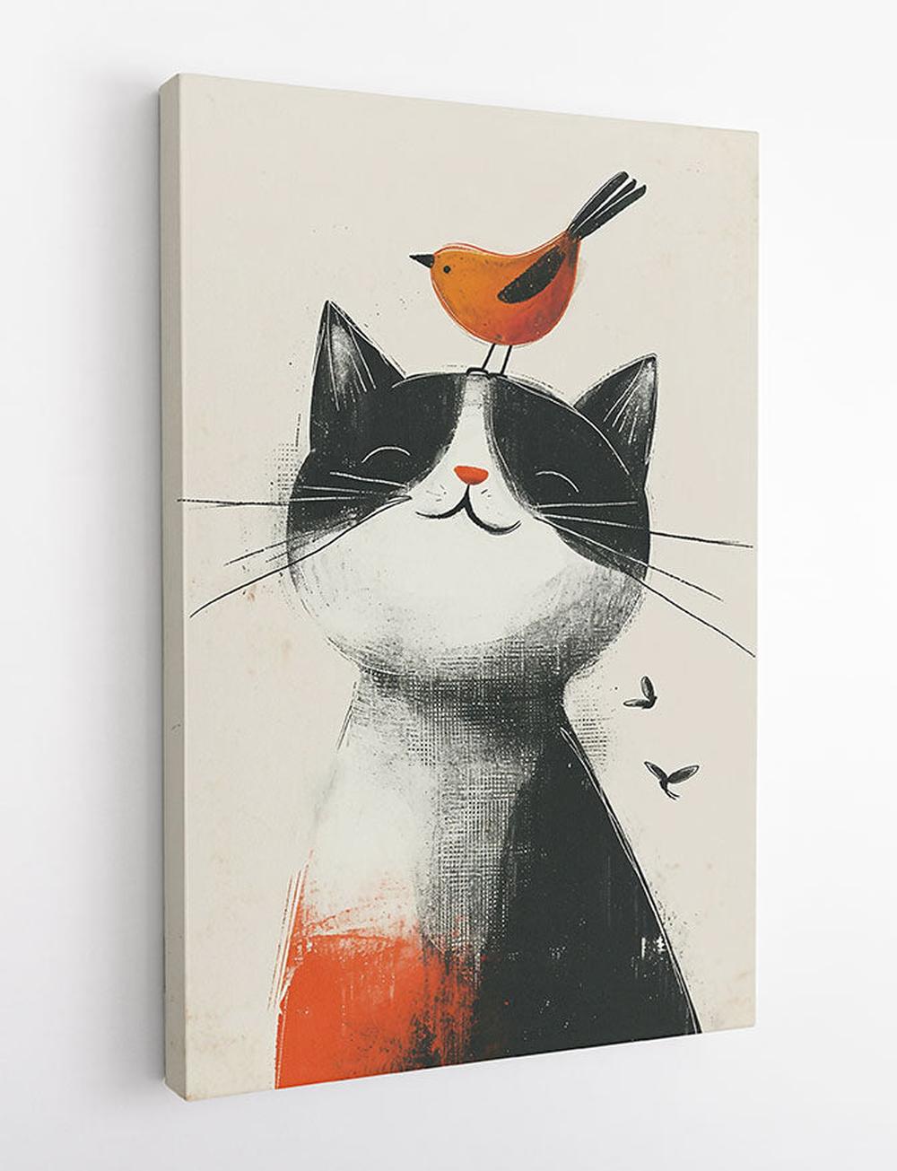 Happy Cat with Orange Bird Art Print & Canvas – T743 – AiPrintLab