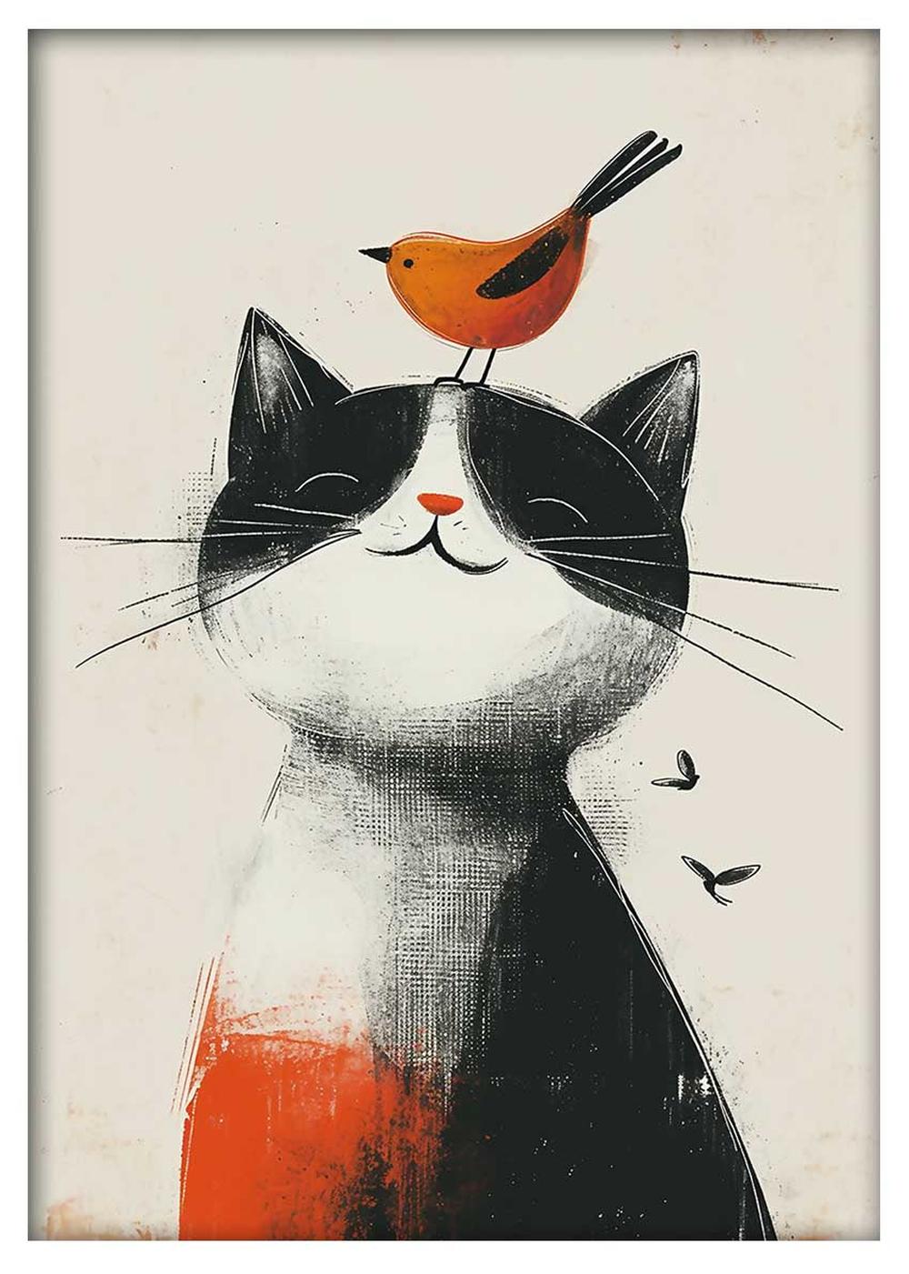 Happy Cat with Orange Bird Art Print & Canvas – T743 – AiPrintLab