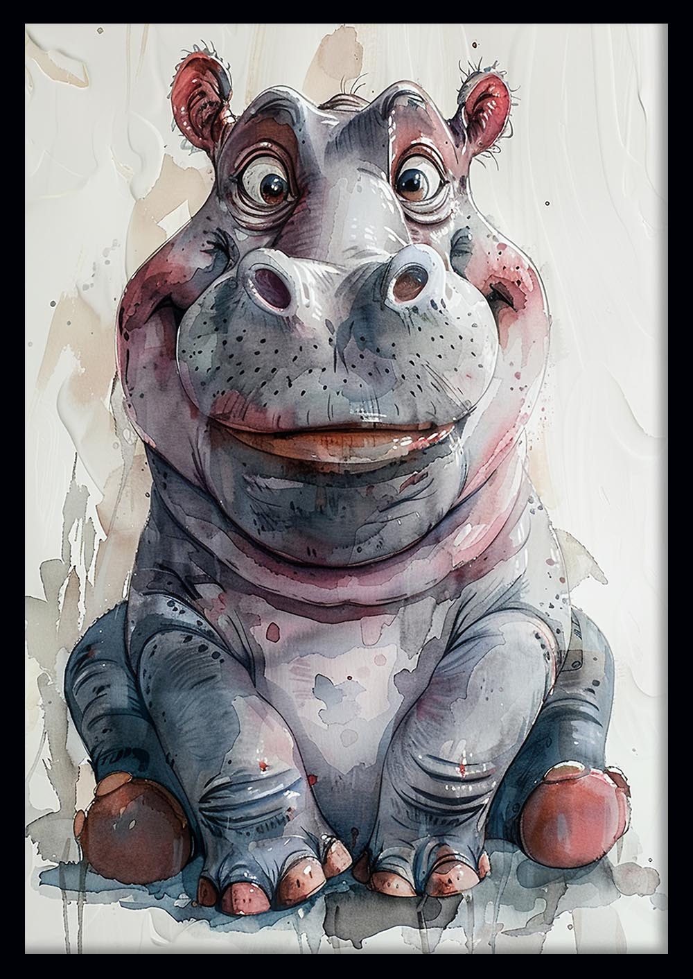 Happy Hippo Watercolor – Playful Animal Canvas & Poster Wall Art – T1201 – AiPrintLab