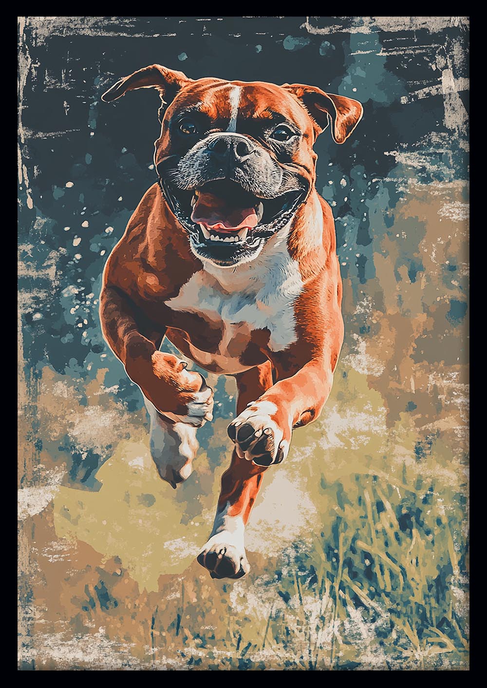 Happy Running Boxer Dog Wall Art – Energetic Pet Canvas & Poster Print – T1455 –