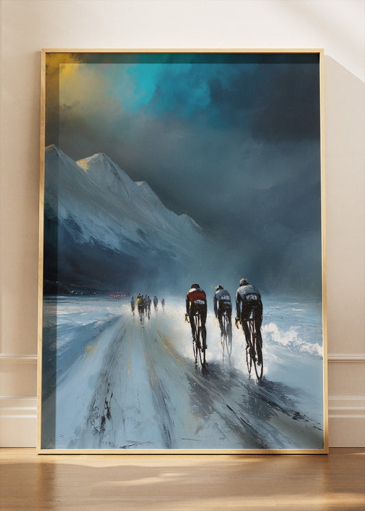 Icy Alpine Cycling Poster & Canvas Art Print – Peloton Riding Through Snowy Mountain Pass
