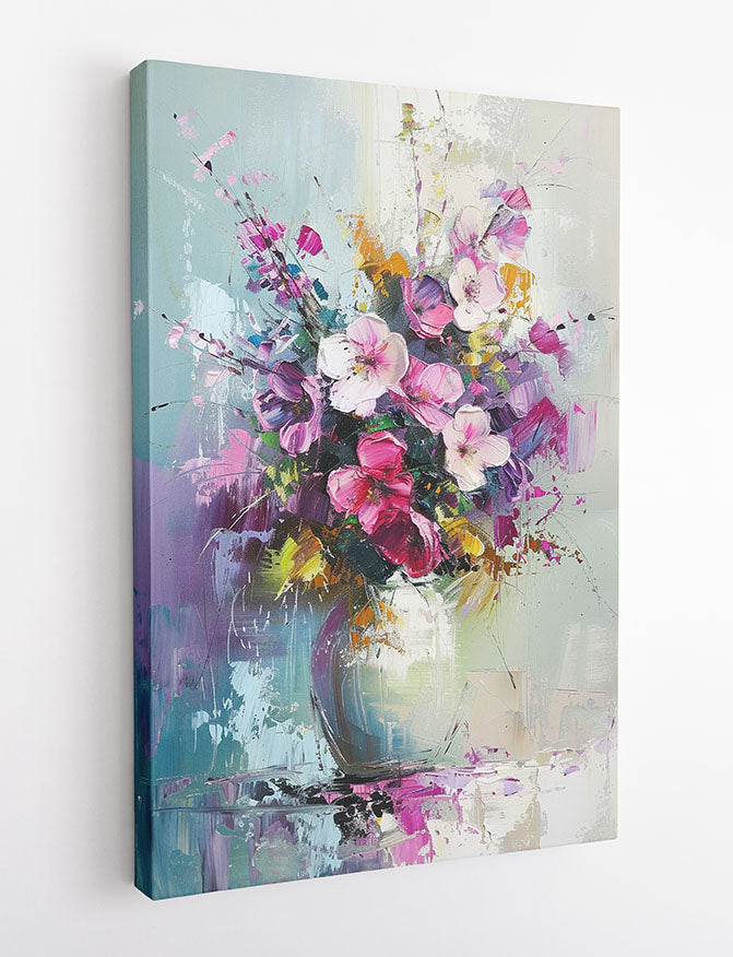 Impressionist Floral Vase – Textured Pink Blossom Canvas & Poster Art – T985 – AiPrintLab