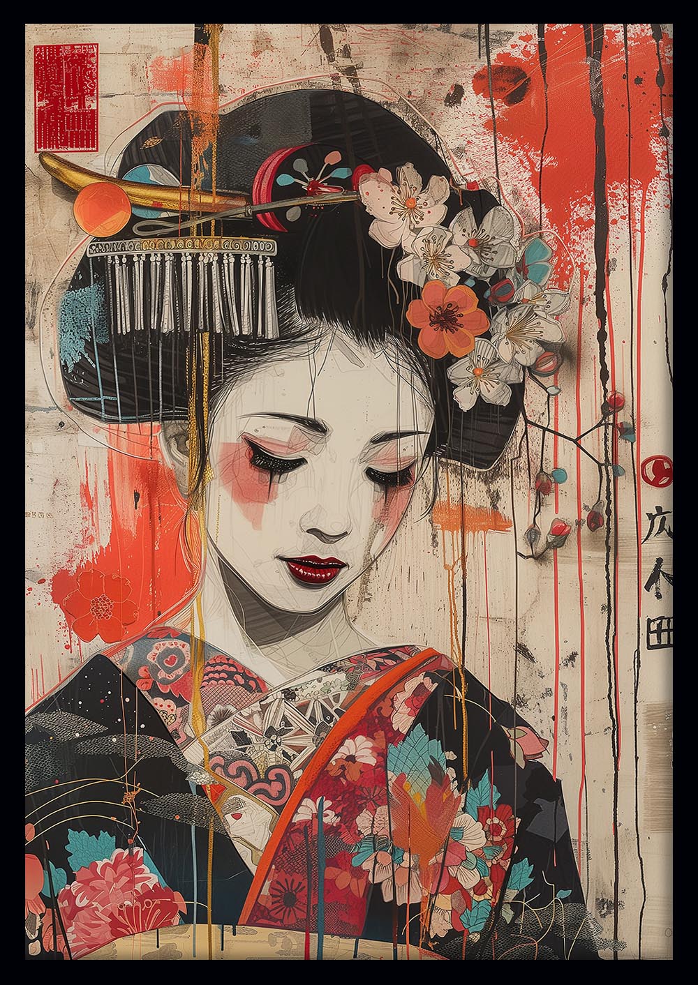 Japanese Geisha in Floral Kimono – Contemporary Asian-Inspired Canvas Print & Poster Art – T1010 – AiPrintLab