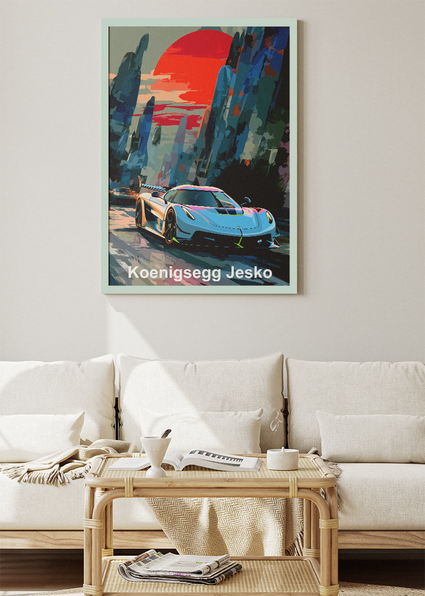 Koenigsegg Jesko Sunset Drive Art Poster & Canvas Print – Luxury Hypercar Wall Art