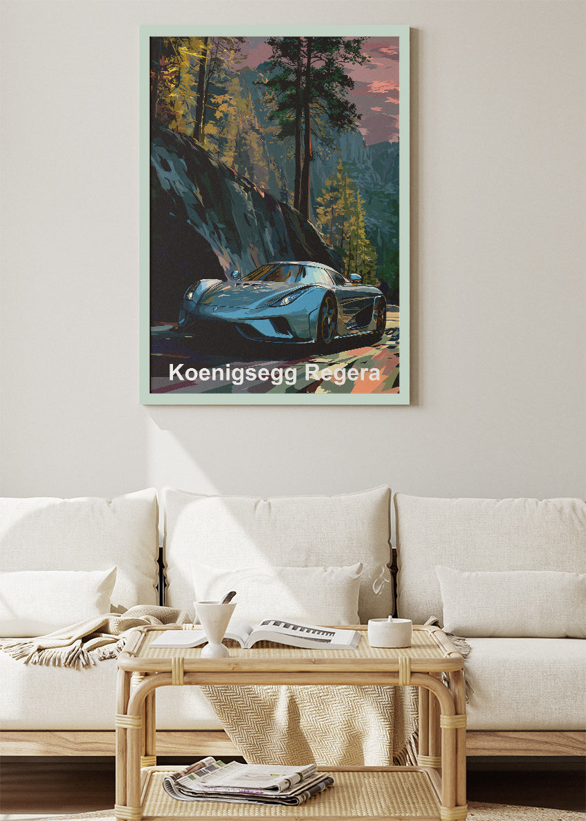 Koenigsegg Regera Forest Drive Art Poster & Canvas Print – Luxury Hypercar Wall Art
