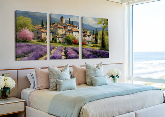Lavender Fields & Mediterranean Village Canvas Wall Art – Single & 3 Panel Split – AI PRINT LAB