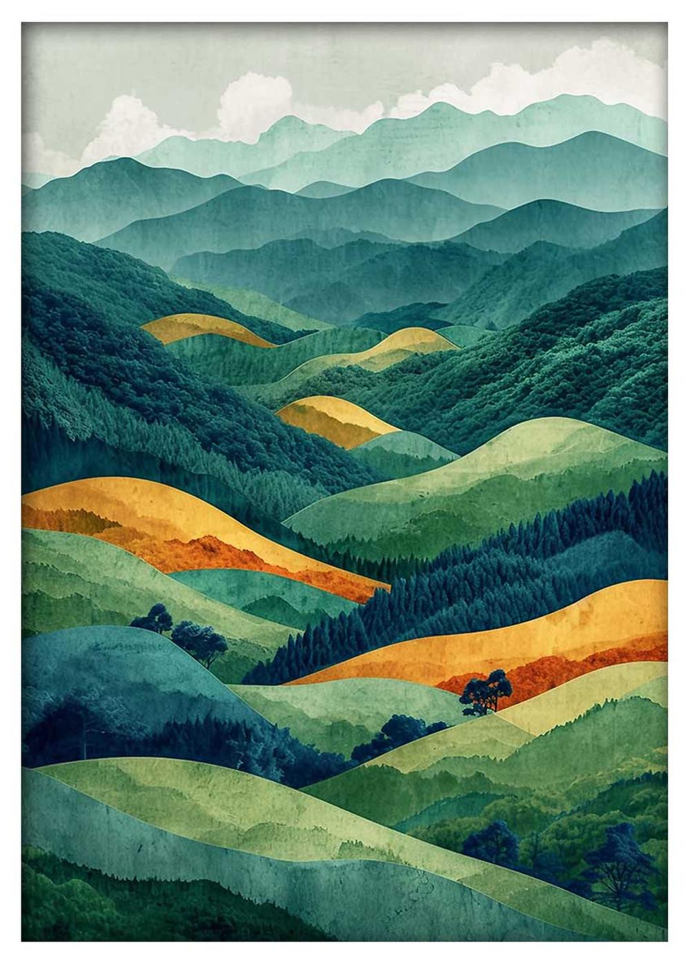 Layered Green & Gold Mountain Landscape Canvas Print & Poster – T606 – AiPrintLab