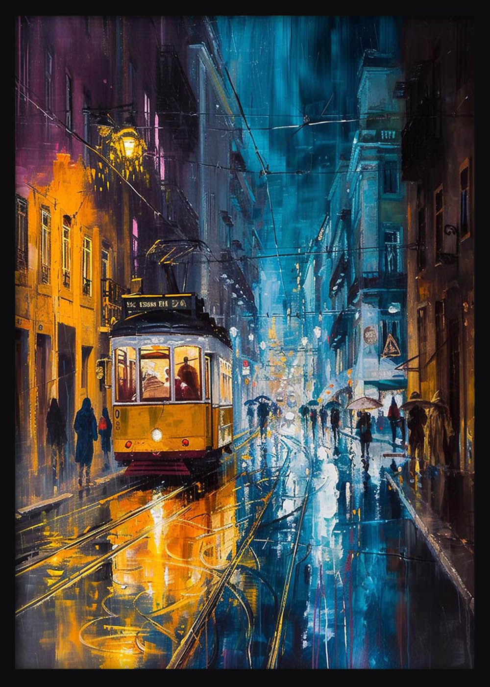 Lisbon Tram at Night – Moody Rainy Street Canvas Wall Art – T1172 – AiPrintLab