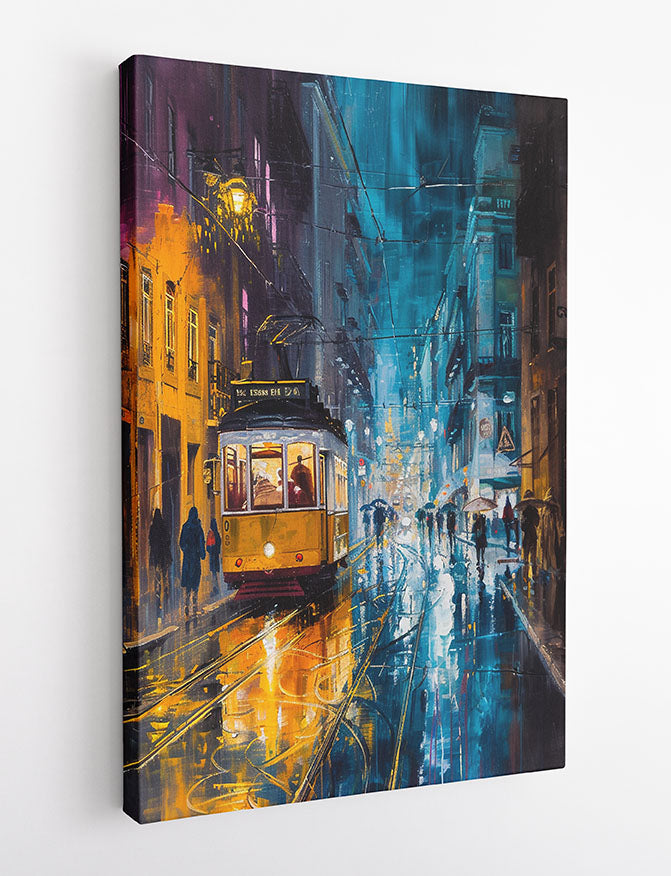 Lisbon Tram at Night – Moody Rainy Street Canvas Wall Art – T1172 – AiPrintLab