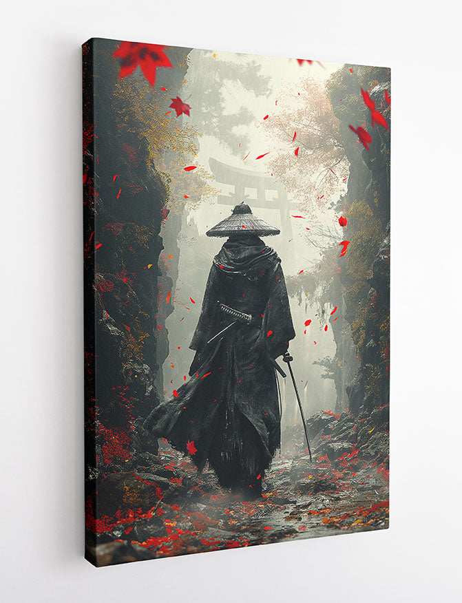 Lone Samurai in Autumn – Warrior Forest Path Canvas & Poster Art – T988 – AiPrintLab