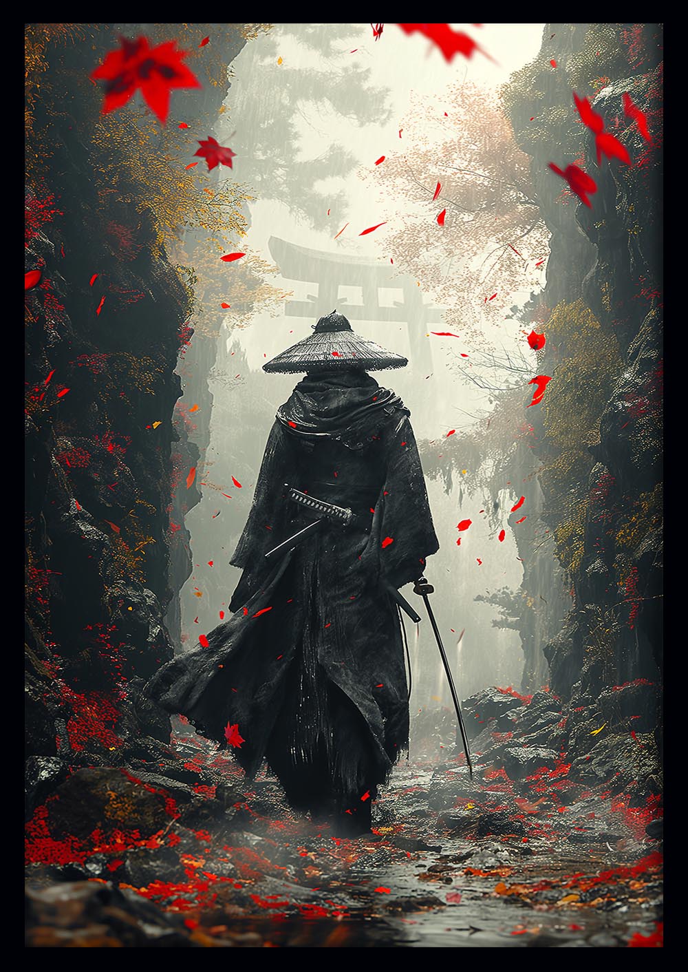 Lone Samurai in Autumn – Warrior Forest Path Canvas & Poster Art – T988 – AiPrintLab