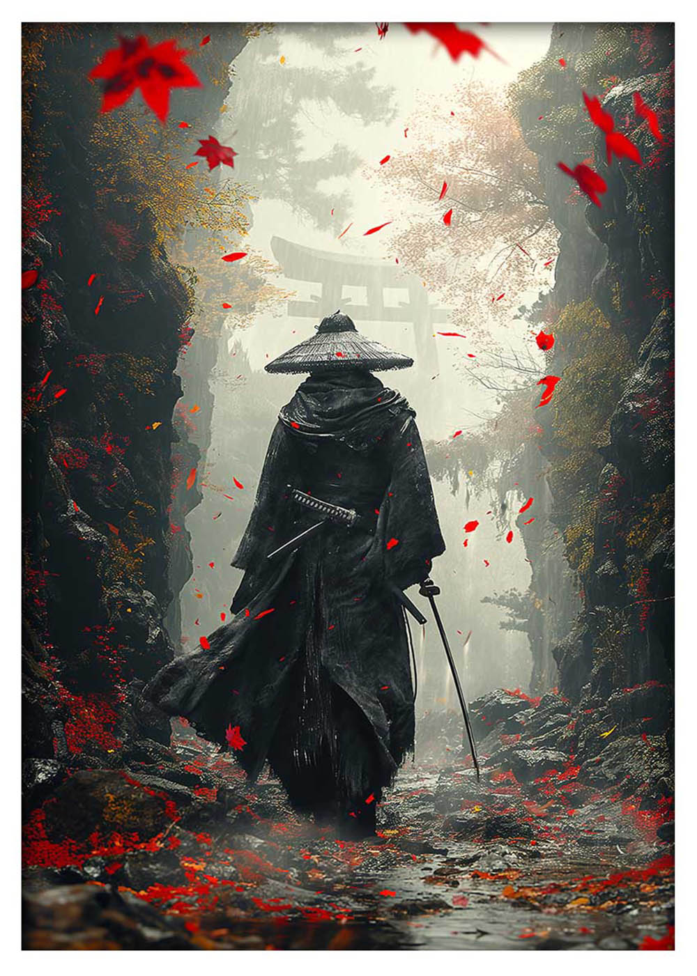 Lone Samurai in Autumn – Warrior Forest Path Canvas & Poster Art – T988 – AiPrintLab