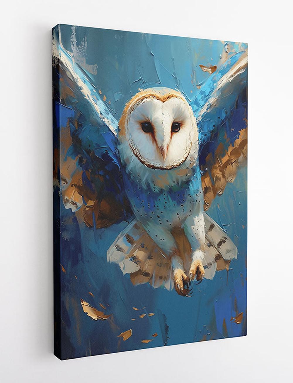 Majestic Barn Owl in Flight – Blue & Gold Oil Style Canvas Wall Art – T839 – AiPrintLab