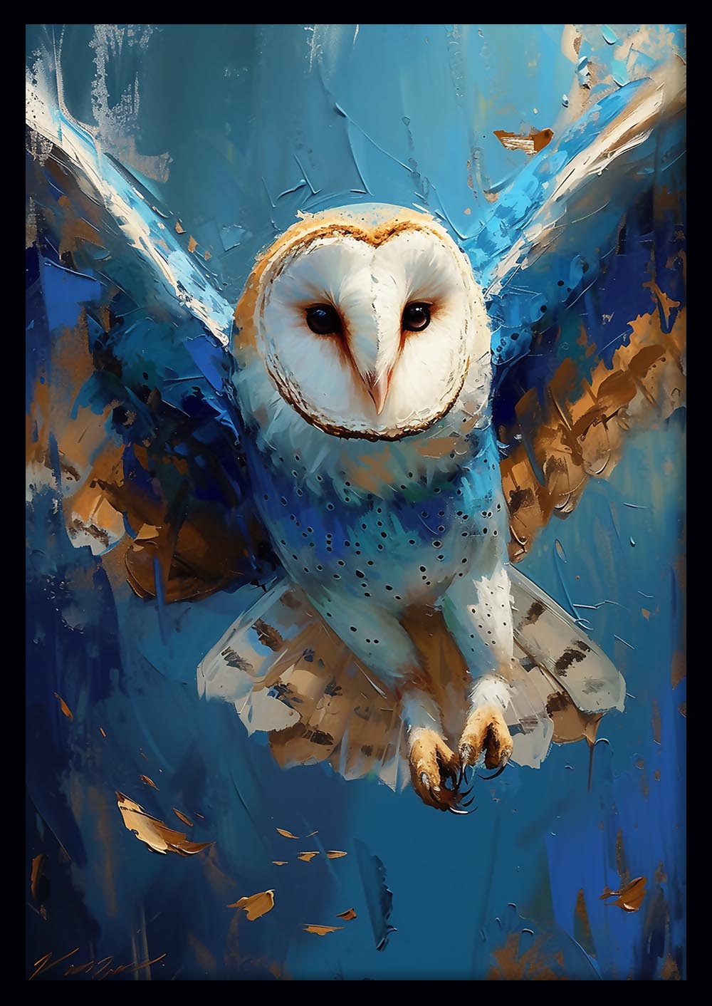 Majestic Barn Owl in Flight – Blue & Gold Oil Style Canvas Wall Art – T839 – AiPrintLab