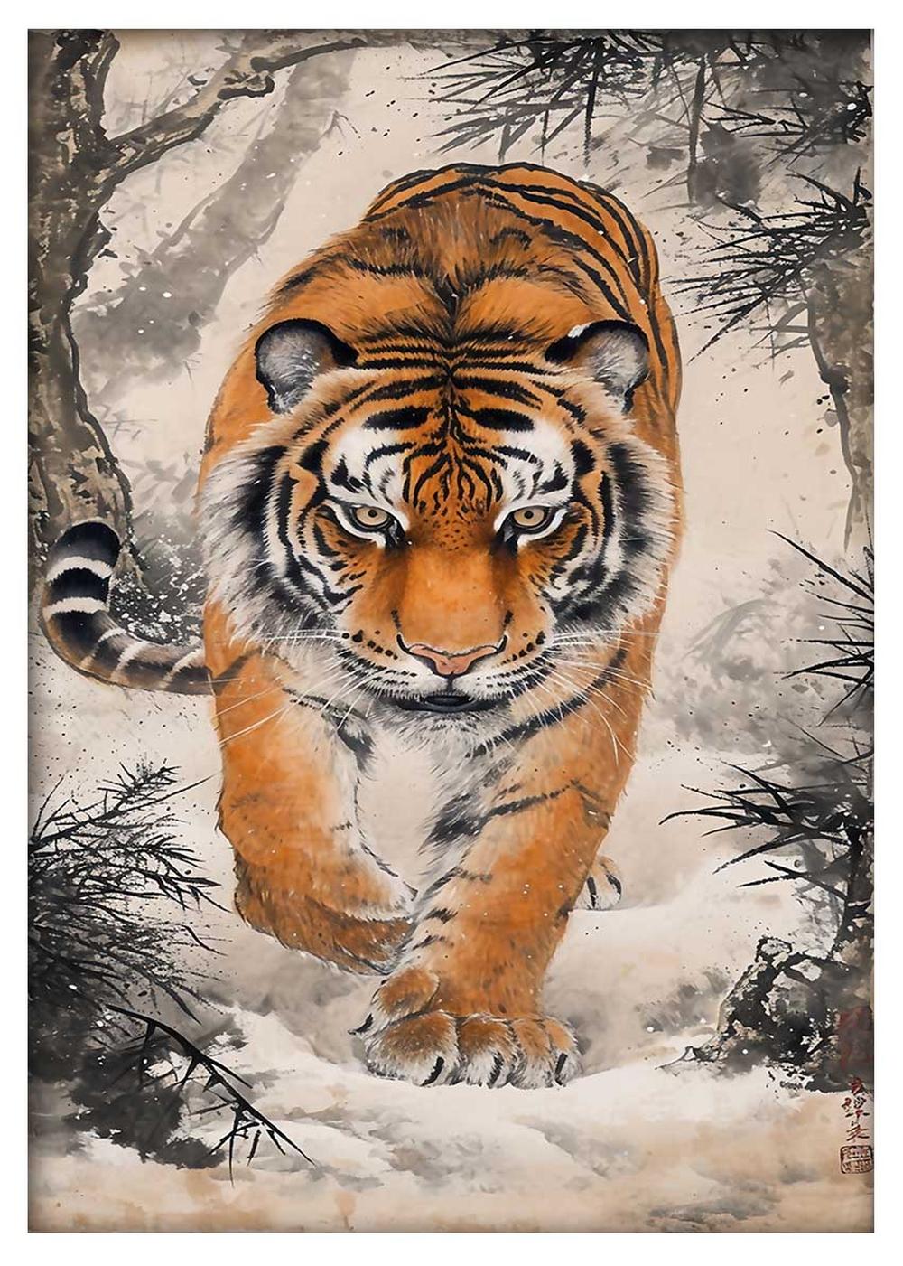 Majestic Tiger in Snowy Bamboo Forest – Poster & Canvas Wall Art – T775 – AiPrintLab