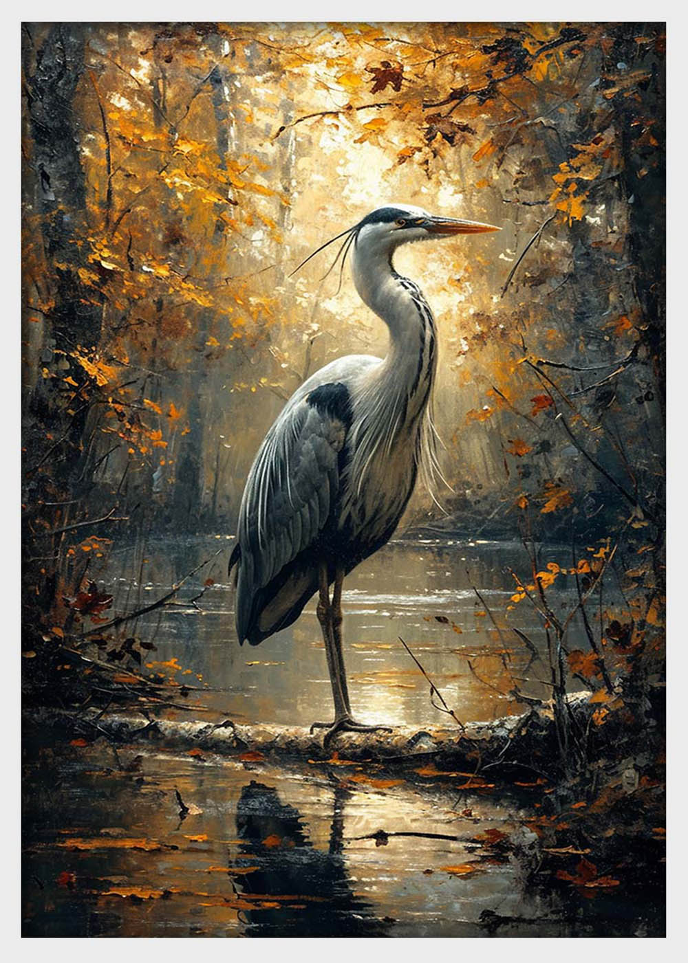 Majestic Heron in Autumn Forest – Canvas Wall Art & Poster Print | Nature Bird Painting – T1328 – AiPrintlab