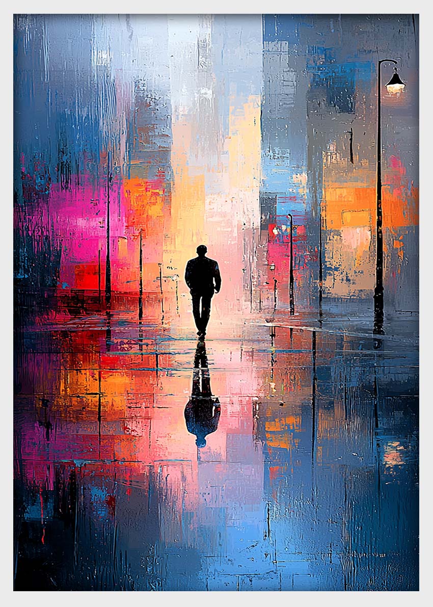 Man in the Rain – Abstract City Reflection Canvas & Poster Art – T1424 –