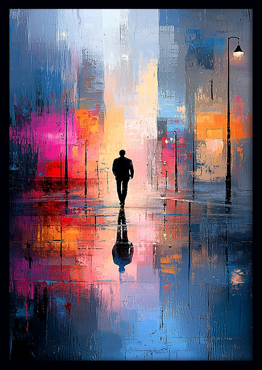 Man in the Rain – Abstract City Reflection Canvas & Poster Art – T1424 –