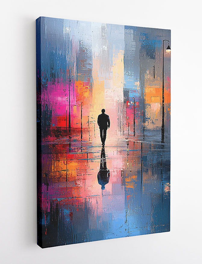 Man in the Rain – Abstract City Reflection Canvas & Poster Art – T1424 –