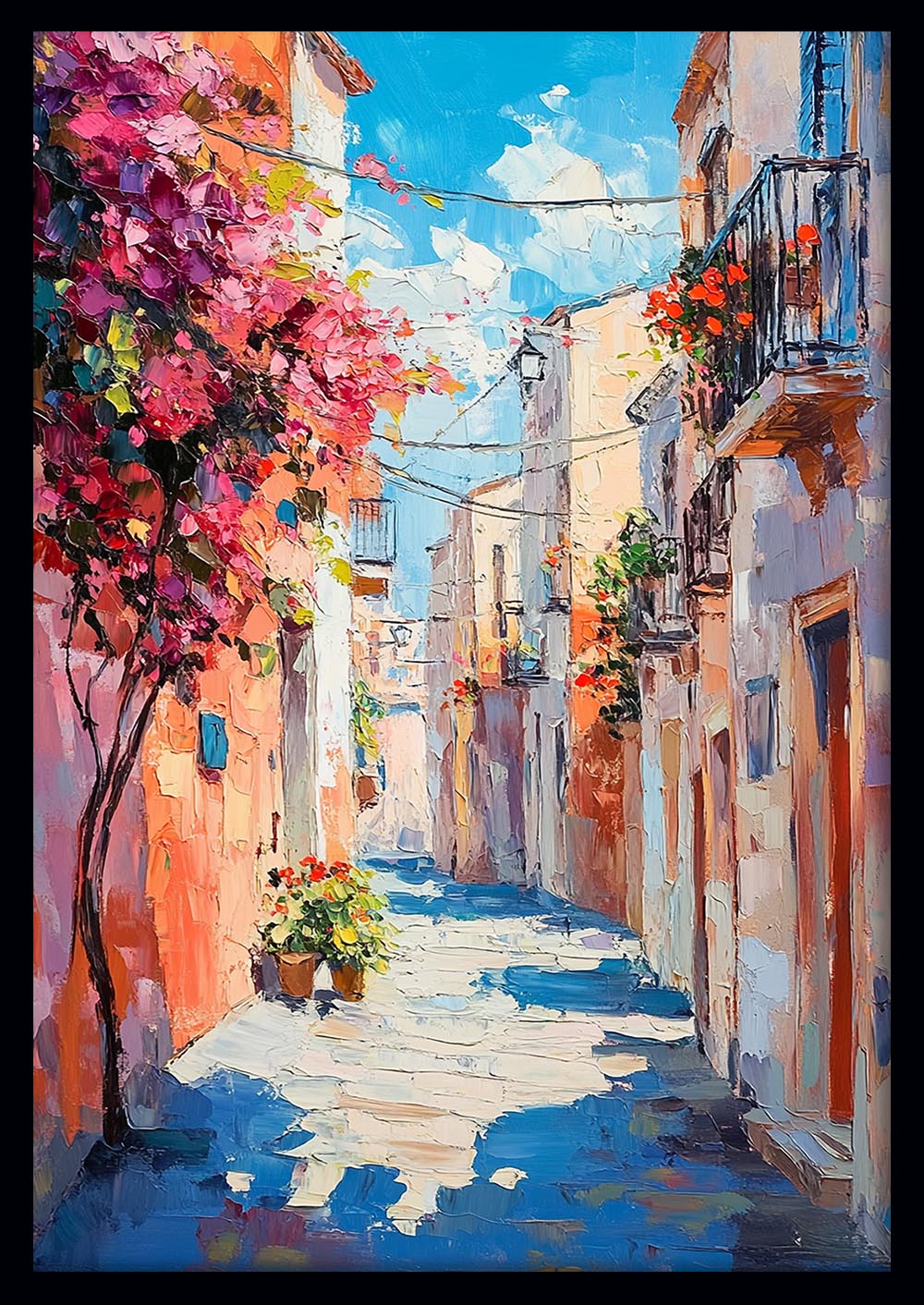 Mediterranean Alleyway Wall Art – Colorful Street Scene Canvas & Poster Print – T1388 –