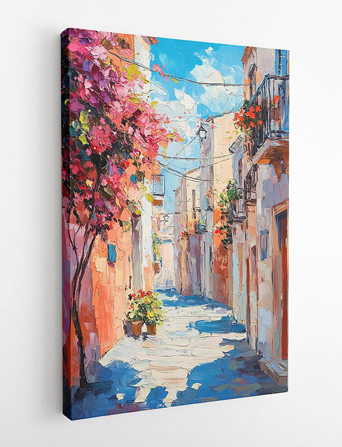 Mediterranean Alleyway Wall Art – Colorful Street Scene Canvas & Poster Print – T1388 –