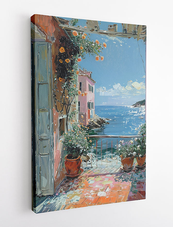 Mediterranean Balcony View – Coastal Seaside Canvas & Poster Wall Art – T1219 – AiPrintLab