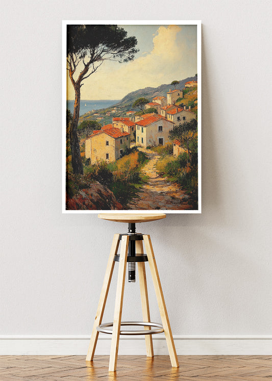 Mediterranean Coastal Village Path – Rustic Seaside Landscape Wall Art Poster & Canvas – AI PRINT LAB