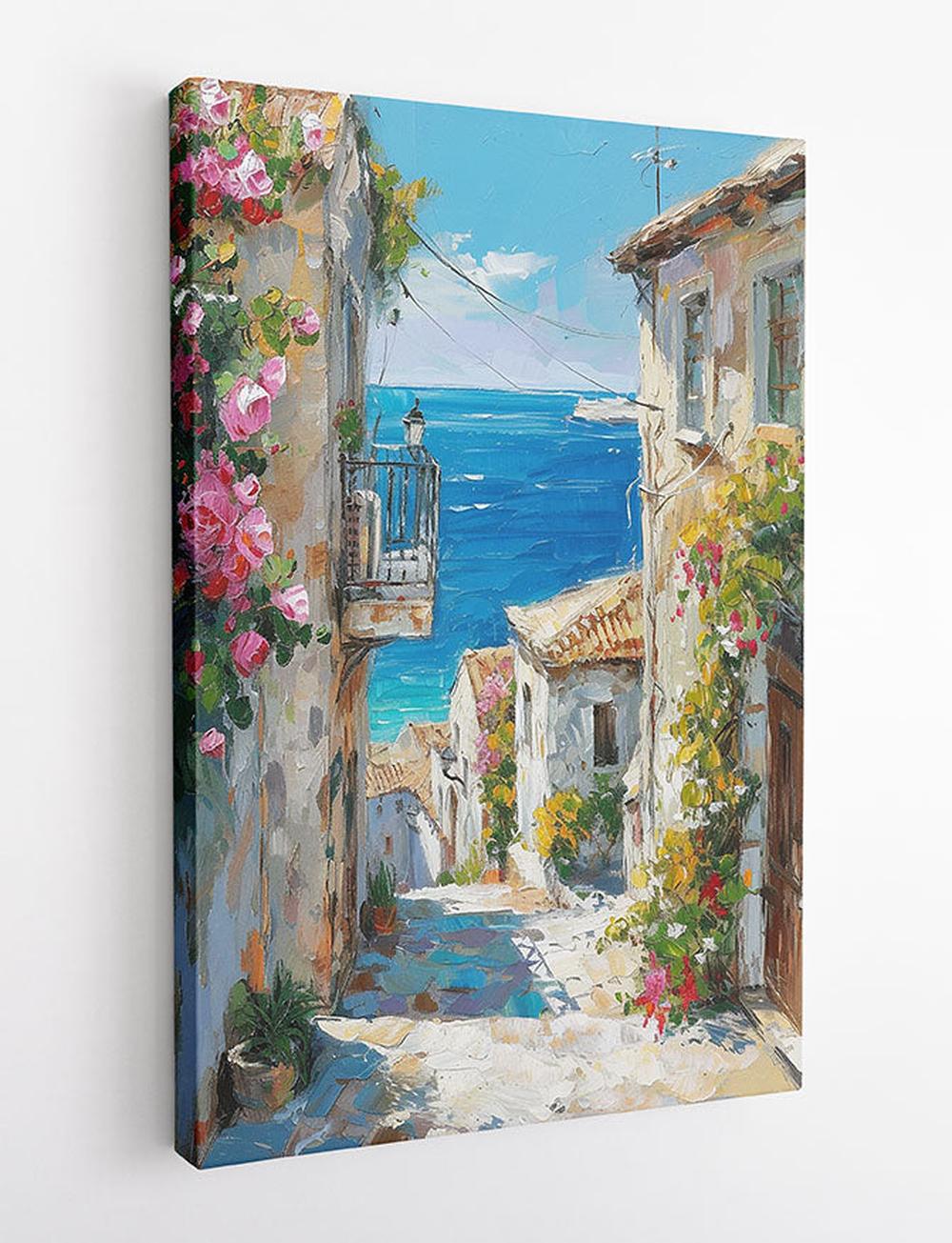 Mediterranean Seaside Village Canvas Art – Floral Coastal Wall Decor – T932 – AiPrintLab