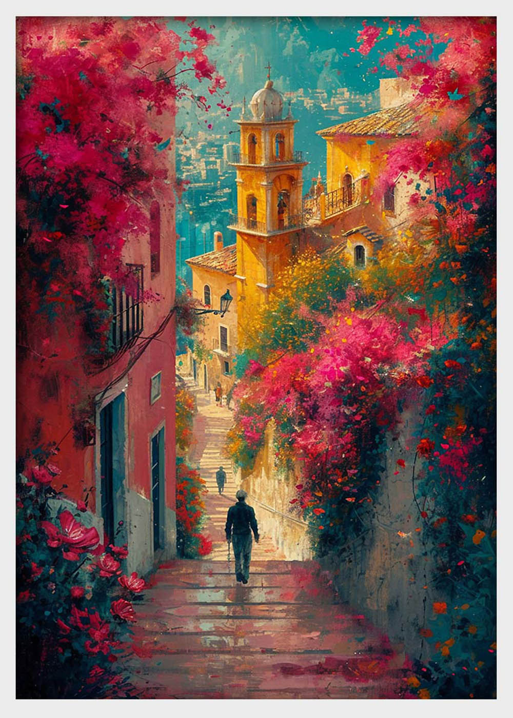 Mediterranean Street Walk – Colorful Village Pathway Canvas & Poster Wall Art – T1285 – AiPrintLab