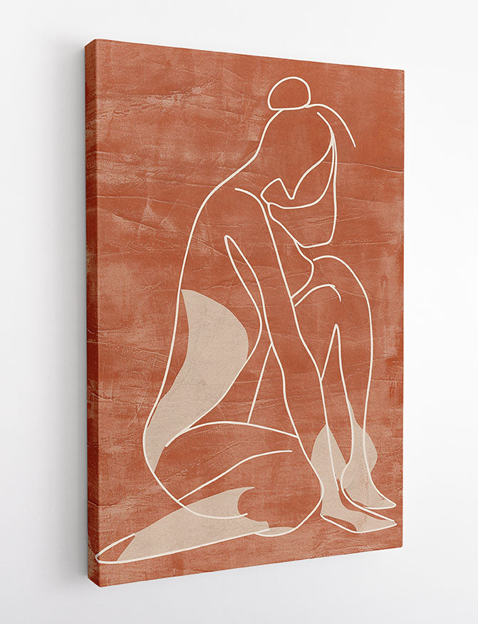 Minimalist Nude Line Art on Terracotta – Abstract Female Canvas & Poster Print – T1114 – AiPrintLab