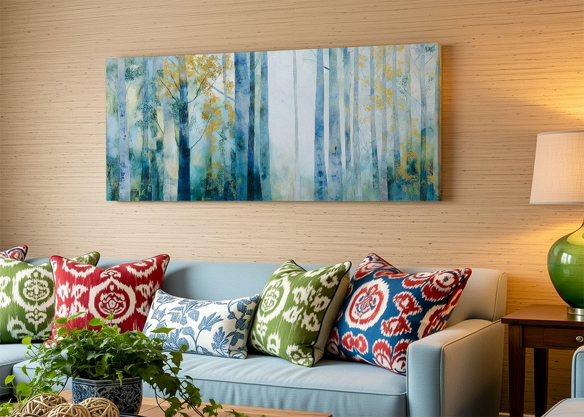 Misty Blue Forest Canvas Wall Art – Elegant Abstract Woodland Landscape – Single & 3 Panel Canvas – AI PRINT LAB