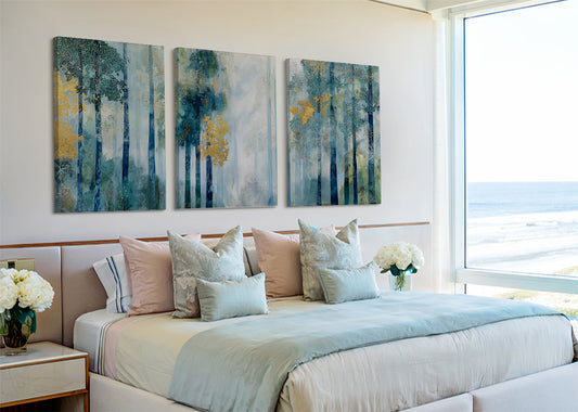Misty Blue Woodland Canvas Wall Art – Elegant Abstract Forest Landscape – Single & 3 Panel Canvas – AI PRINT LAB