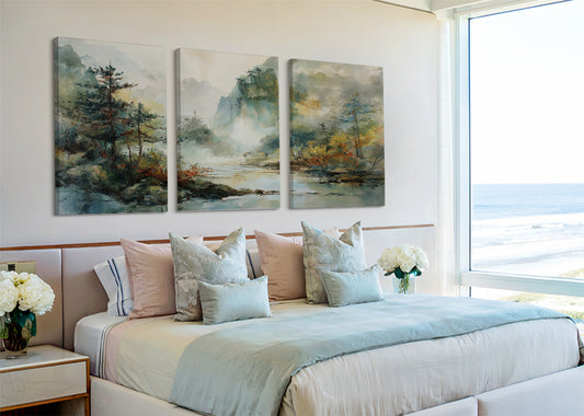 Misty Forest River Landscape Canvas Wall Art – Single & 3 Panel Split – AI PRINT LAB