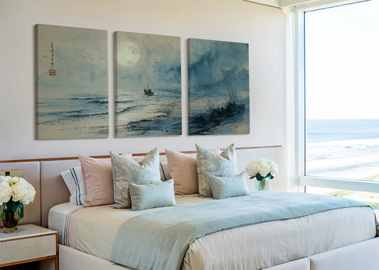 Misty Moonlit Shoreline Canvas Wall Art – Single & 3 Panel Split – AI PRINT LAB
