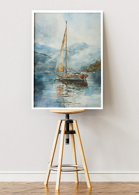 Misty Mountain Sailboat – Serene Nautical Watercolour Wall Art Poster & Canvas – AI PRINT LAB