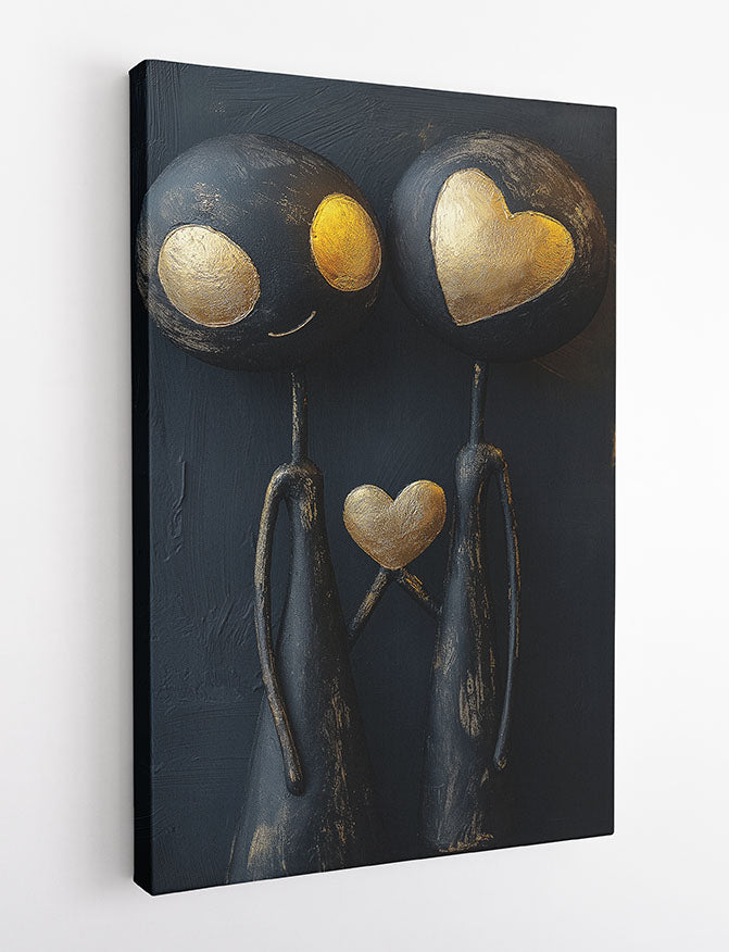 Modern Love Couple Art Print, Minimalist Gold Heart Wall Poster, Romantic Abstract Canvas – T1378 – AIPrintLab
