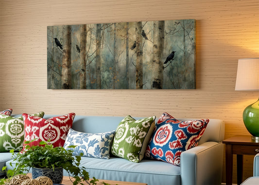 Moody Forest Crows Canvas Wall Art – Misty Woodland Landscape Single & 3 Panel Canvas