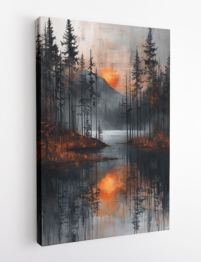 Moody Forest Sunset – Dramatic Lake Reflection Canvas & Poster Wall Art – T1138 – AiPrintLab